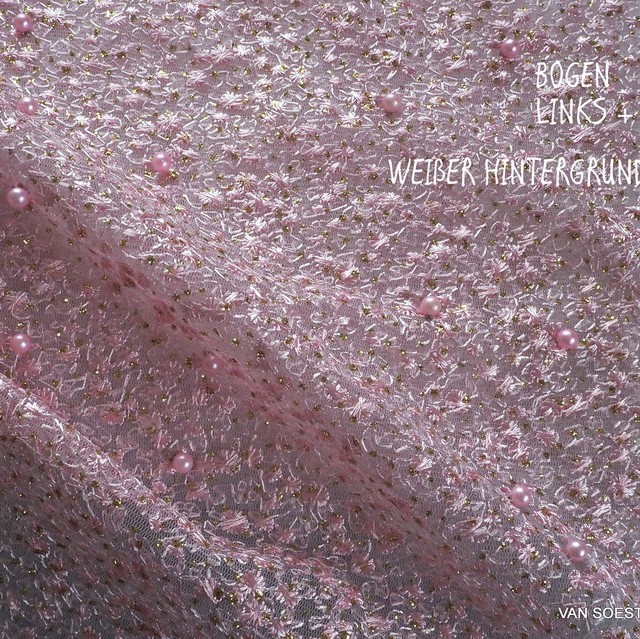 Pearls on micro-floral stretch glitter tulle in pink