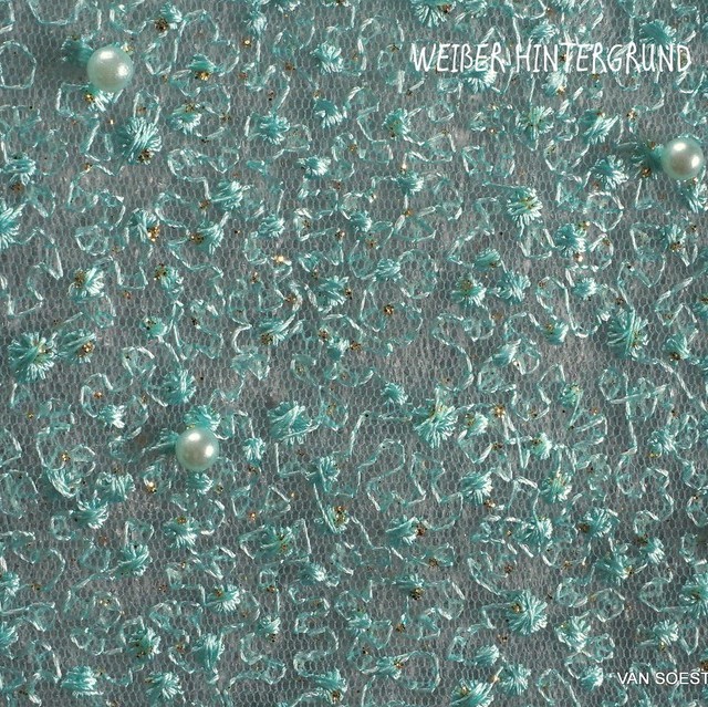 Pearls on micro-floral stretch glitter tulle in turqoise | View: Pearls on micro-floral stretch glitter tulle in turqoise