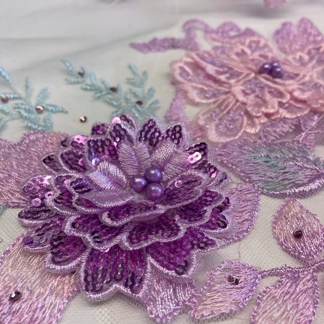 Pink-mint colors lace flowers & leaves with 3D flowers, sequins, rhinestones & beads on tulle | View: Pink-mint colors lace flowers & leaves with 3D flowers, sequins, rhinestones & beads on tulle