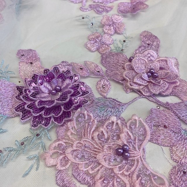 Pink-mint colors lace flowers & leaves with 3D flowers, sequins, rhinestones & beads on tulle | View: Pink-mint colors lace flowers & leaves with 3D flowers, sequins, rhinestones & beads on tulle