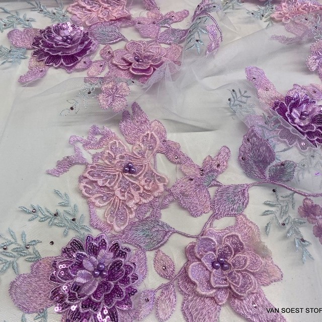 Pink-mint colors lace flowers & leaves with 3D flowers, sequins, rhinestones & beads on tulle | View: Pink-mint colors lace flowers & leaves with 3D flowers, sequins, rhinestones & beads on tulle