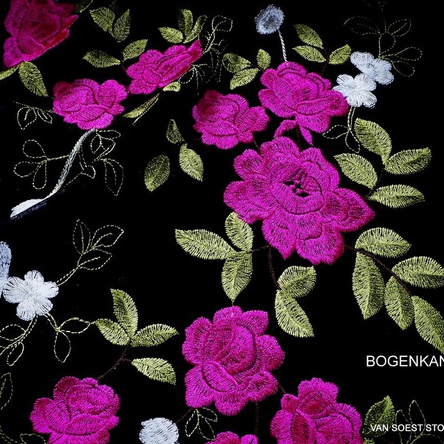 Pink - Olive with flowers and leaves on black tulle