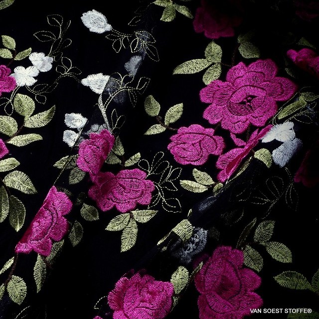 Pink - Olive with flowers and leaves on black tulle | View: Pink - Olive with flowers and leaves on black tulle