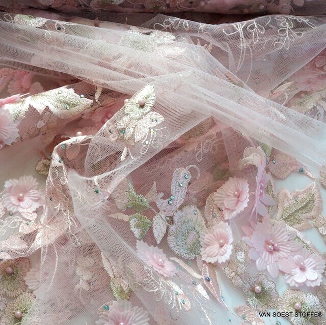 Pink 3D lace with pink pearls, shiny yarn, flowers & rhinestones | View: Rose 3D lace with rose coloured Pearls and colourless mini sequins on mesh