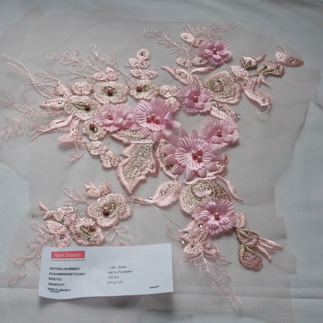 Pink 3D lace with pink pearls, shiny yarn, flowers & rhinestones | View: Rose 3D lace with rose coloured Pearls and colourless mini sequins on mesh
