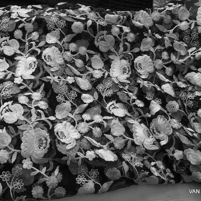 Rose embroidery in black - white on black soft tulle | View: Rose embroidery in black - white on black soft tulle