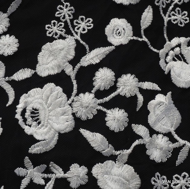 Rose embroidery in black - white on black soft tulle