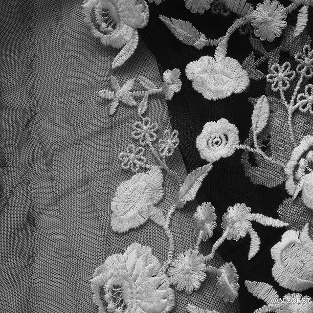 Rose embroidery in black - white on black soft tulle | View: Rose embroidery in black - white on black soft tulle