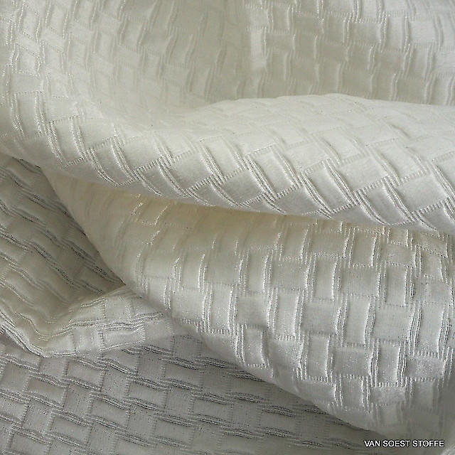 Silk-cotton satin checkered jacquard in broken-white | View: Silk-linen jacquard in off-white