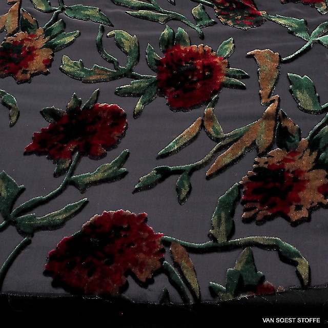 Velvet burnout silk-viscose roses in black dark-burgundy-red-nougat-green | View: Velvet burnout silk-viscose roses in black dark-burgundy-red-nougat-green