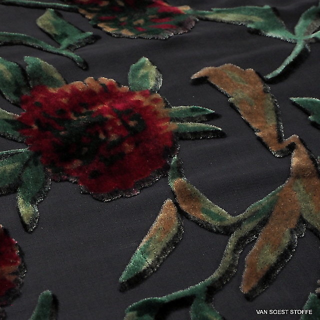 Velvet burnout silk-viscose roses in black dark-burgundy-red-nougat-green