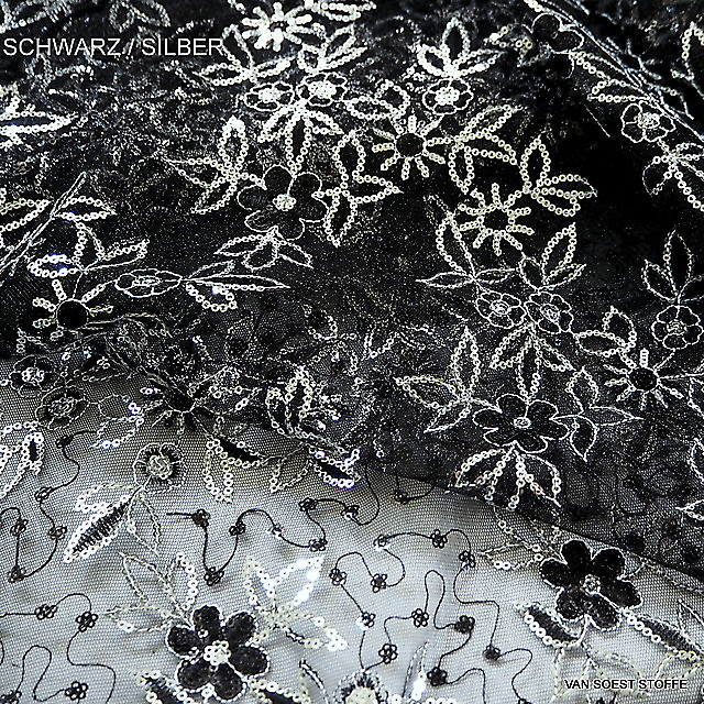 Silber Pailletten auf schwarzen Tüll mit beidseitigem Minibogen | Ansicht: Silber Pailletten auf schwarzen steifen Tüll mit beidseitigem Minibogen