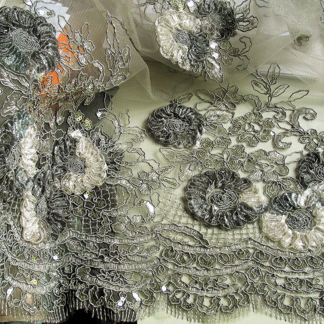 Silver coloured flower lace on grey coloured mesh | View: Silver coloured flower lace on grey coloured mesh