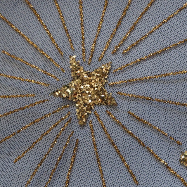 Strass Figuren/Sternen und Mond in Gold + Silber auf Schwarzen Stretch Tüll | Ansicht: Strass Figuren/Sternen und Mond in Gold + Silber auf Schwarzen Stretch Tüll