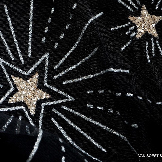Strass Figuren/Sternen und Mond in Gold + Silber auf Schwarzen Stretch Tüll | Ansicht: Strass Figuren/Sternen und Mond in Gold + Silber auf Schwarzen Stretch Tüll