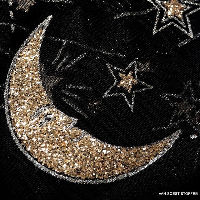 Strass Figuren/Sternen und Mond in Gold + Silber auf Schwarzen Stretch Tüll | Ansicht: Strass Figuren/Sternen und Mond in Gold + Silber auf Schwarzen Stretch Tüll