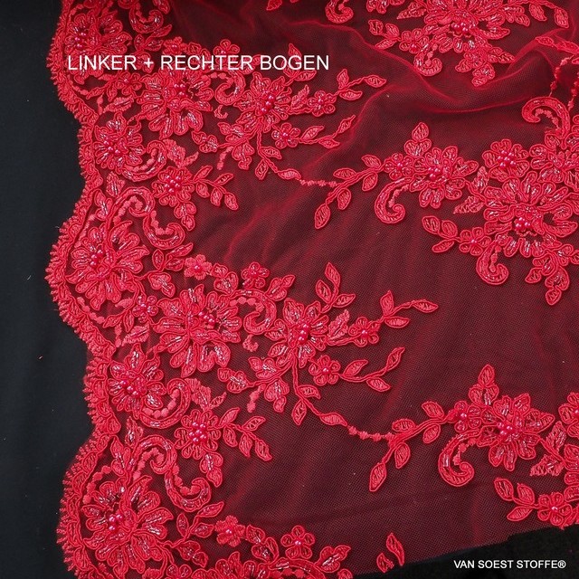 Strass + Perlen + Pailletten bestickter Blumen + Blätter Stickerei in Scharlach Rot