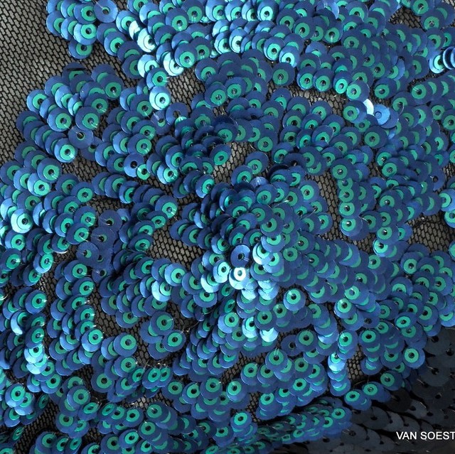 Stretch flowers + leaves mini sequins allover in navy + aqua blue | View: Stretch flowers + leaves mini sequins allover in navy + aqua blue
