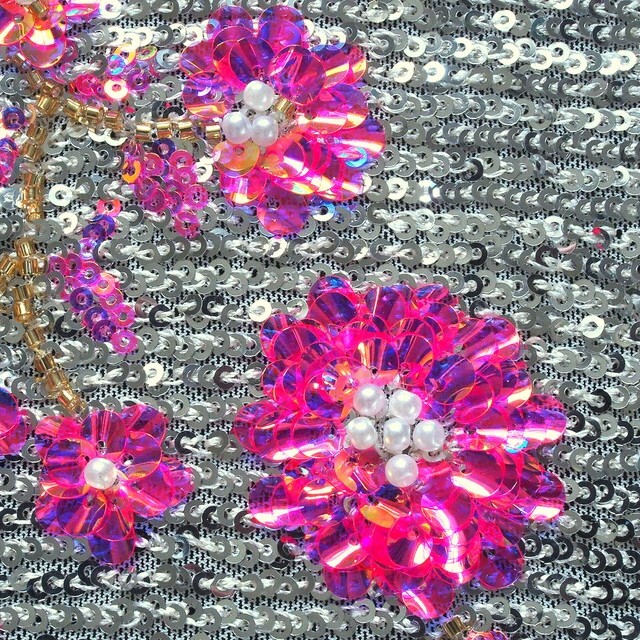 Stretch couture mini sequins & pearls with silver pink curved flowers