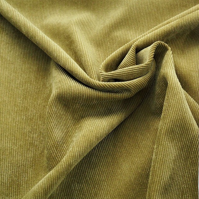 Stretch fine corduroy in great oliv tone.