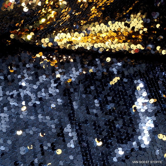 Stretch Glitter Sequins in shiny Black & Gold on stretch jersey | View: Stretch Glitter Sequins in shiny Black & Gold on stretch jersey