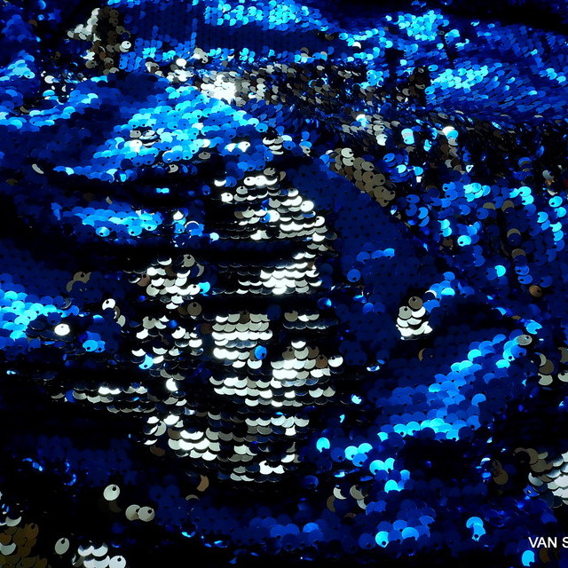 Stretch Zauber Pailletten in Silber + Blau glänzend auf Feinjersey | Ansicht: Stretch Glitter Sequins Silver - Blue - shiny on stretch jersey