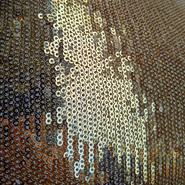 Stretch lengthwise gold sequins on skin-colored tulle | View: Stretch gold sequins on tulle in skin color.