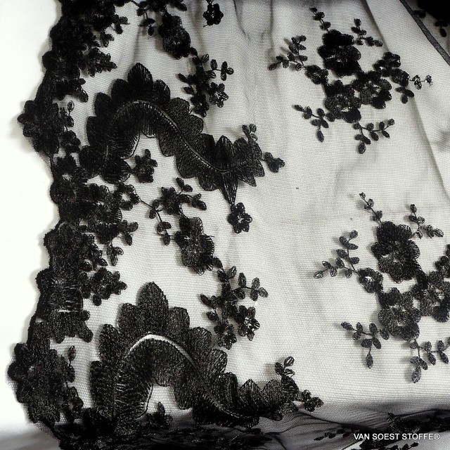 Deep black bow flowers lace on tulle. | View: Deep black flowers / leaves tip