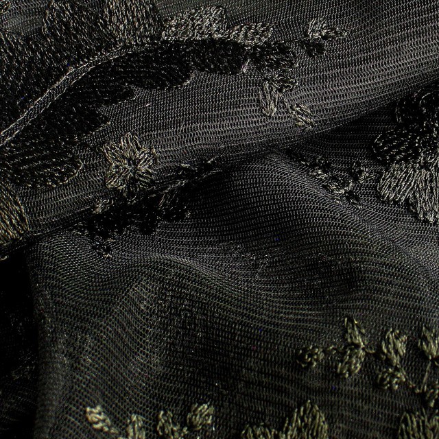 Deep black bow flowers lace on tulle. | View: Deep black flowers / leaves tip