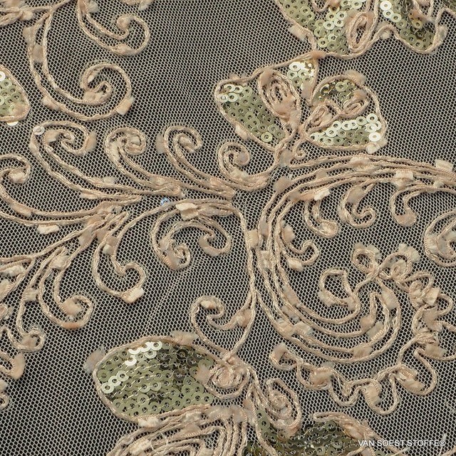 Tone on tone cord embroidery with mini gold sequins on bronze tulle