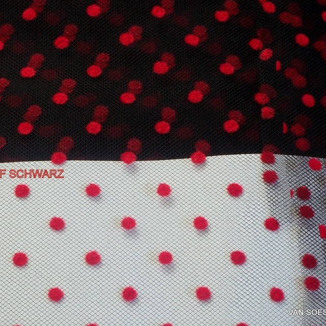 Polka dot flocked tulle in scarlet red on black tulle