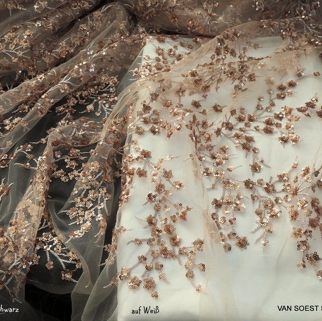 White-gold branches of mini sequins on skin colored tulle. | View: White-gold branches of mini sequins on skin colored tulle.