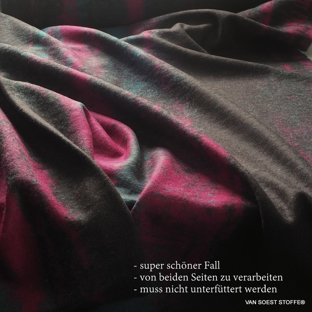 Wool blend with irregular longitudinal stripes brown anthracite magenta petrol | View: irregular longitudinal stripes brown anthracite magenta petrol - boiled wool blend