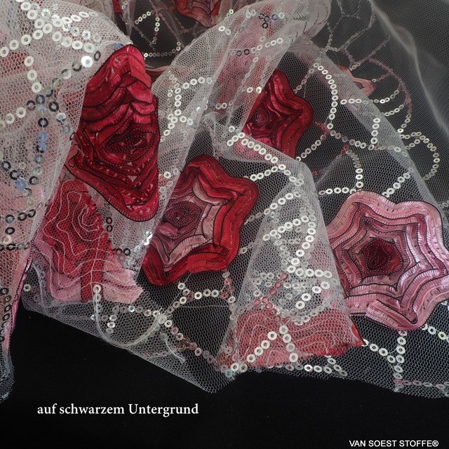 abstract red 3D flowers on a silver sequin net on white tulle | View: abstract red 3D flowers on a silver sequin net on white tulle