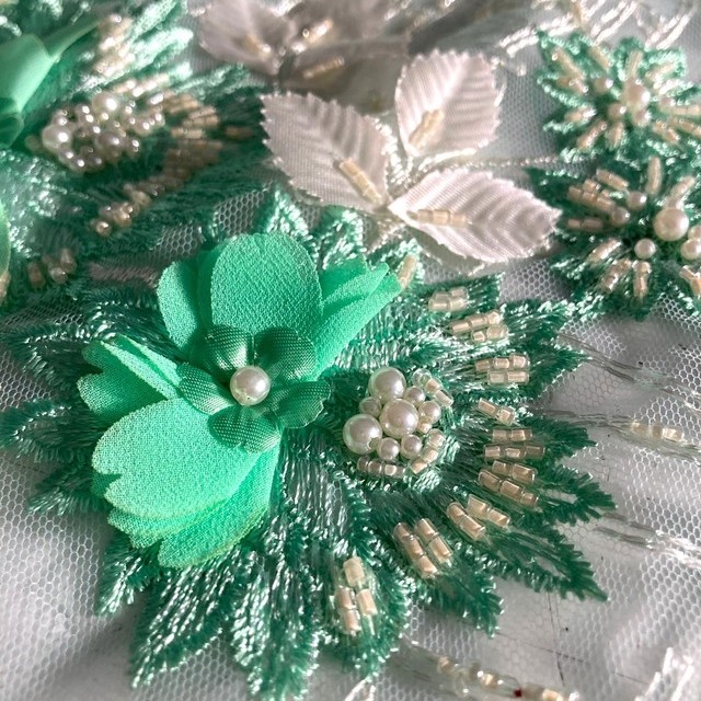 extraordinary 3D lace with div. textile leaves, diamond embroidery, selected pearls & sticks in mint-ecru | View: extraordinary 3D lace with div. textile leaves, diamond embroidery, selected pearls & sticks in mint-ecru