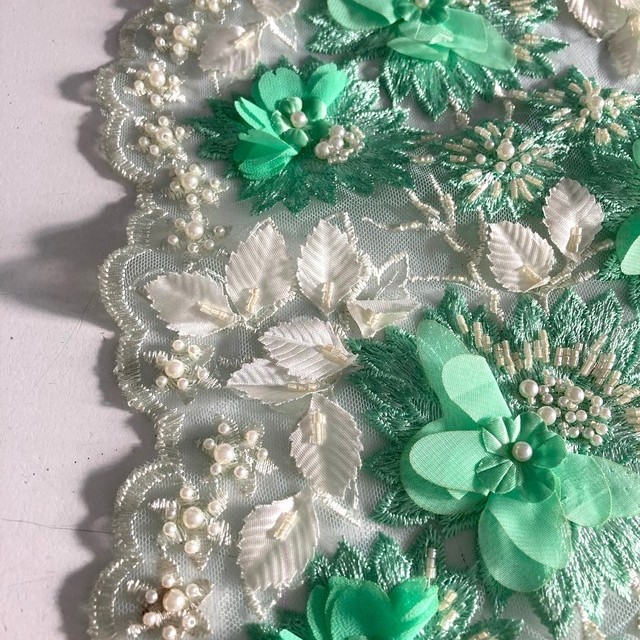 extraordinary 3D lace with div. textile leaves, diamond embroidery, selected pearls & sticks in mint-ecru | View: extraordinary 3D lace with div. textile leaves, diamond embroidery, selected pearls & sticks in mint-ecru