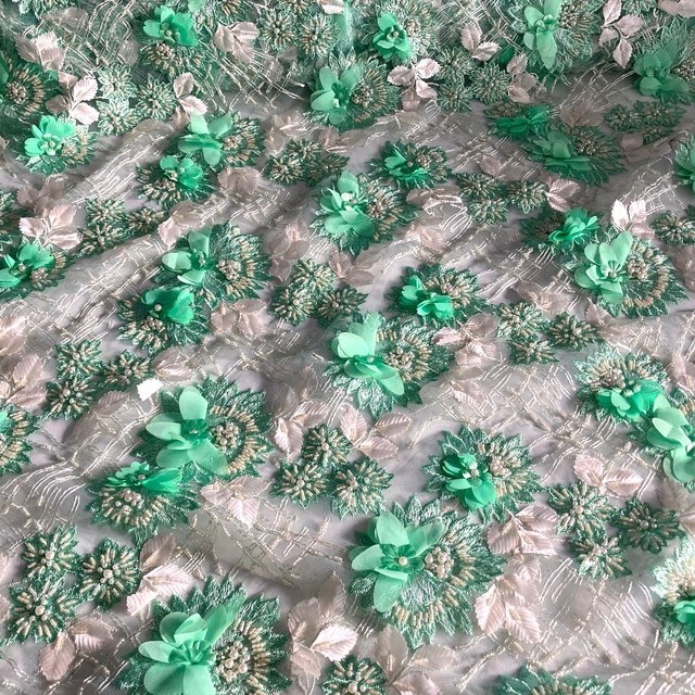 extraordinary 3D lace with div. textile leaves, diamond embroidery, selected pearls & sticks in mint-ecru | View: extraordinary 3D lace with div. textile leaves, diamond embroidery, selected pearls & sticks in mint-ecru