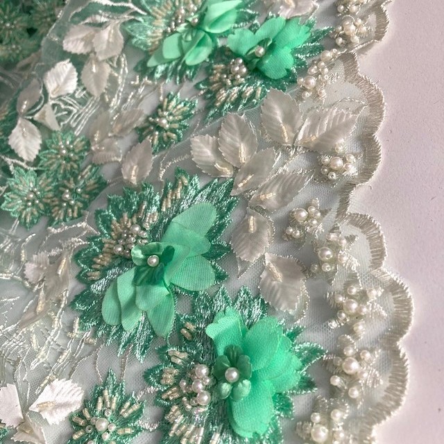 extraordinary 3D lace with div. textile leaves, diamond embroidery, selected pearls & sticks in mint-ecru | View: extraordinary 3D lace with div. textile leaves, diamond embroidery, selected pearls & sticks in mint-ecru