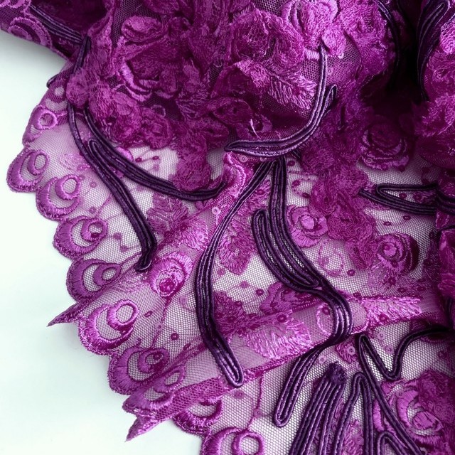 double embroidered scalloped edges lace-3D tulle flowers in royal purple