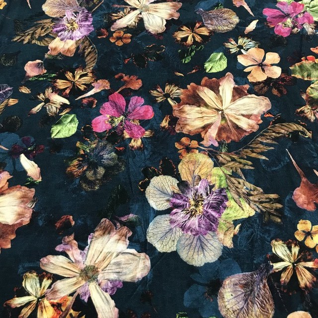 multicolor natural flowers & leaves print in fine jersey viscose spandex | View: multicolor natural flowers & leaves print in fine jersey viscose spandex