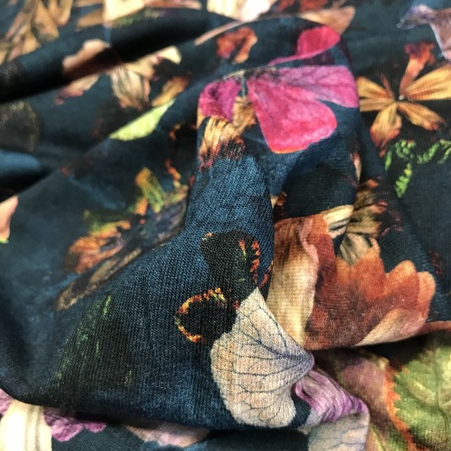 multicolor natural flowers & leaves print in fine jersey viscose spandex