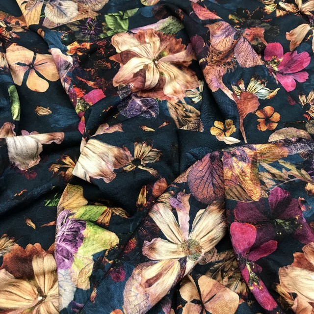 multicolor natural flowers & leaves print in fine jersey viscose spandex | View: multicolor natural flowers & leaves print in fine jersey viscose spandex