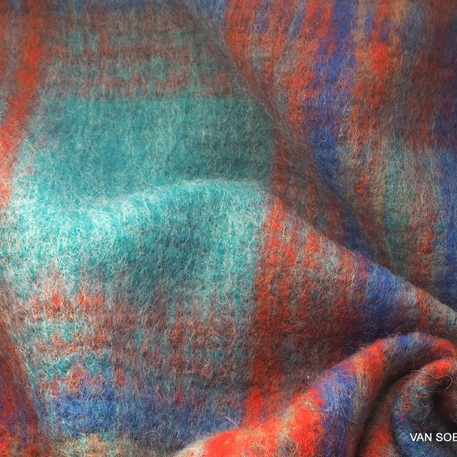 beautiful designer check with wool content in the colors turquoise, rust, corn blue & gold roughened on one side