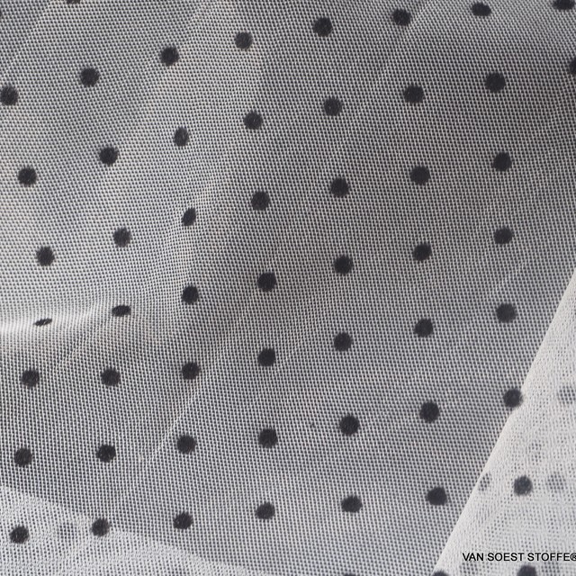 schwarze Flock Dots auf grauem Tüll | Ansicht: schwarze Flock Dots auf grauem Tüll