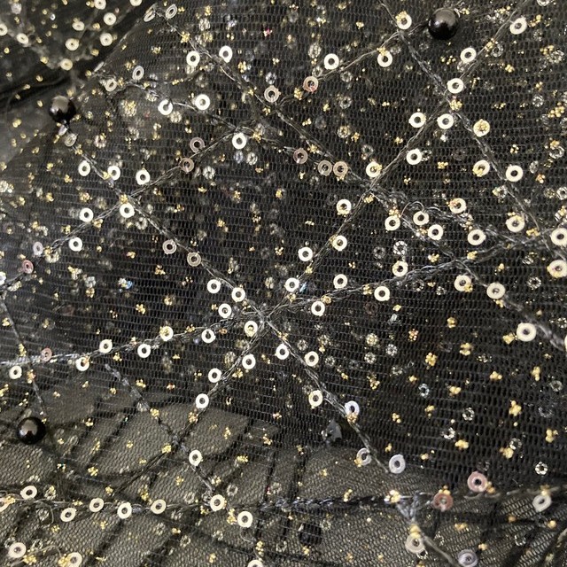 schwarzer Tüll bestickt mit Spinnennetz, Minipailleten, Perlen & Miniprint Dots - schwarz silber gold | Ansicht: schwarzer Tüll bestickt mit Spinnennetz, Minipailleten, Perlen & Miniprint Dots - schwarz silber gold