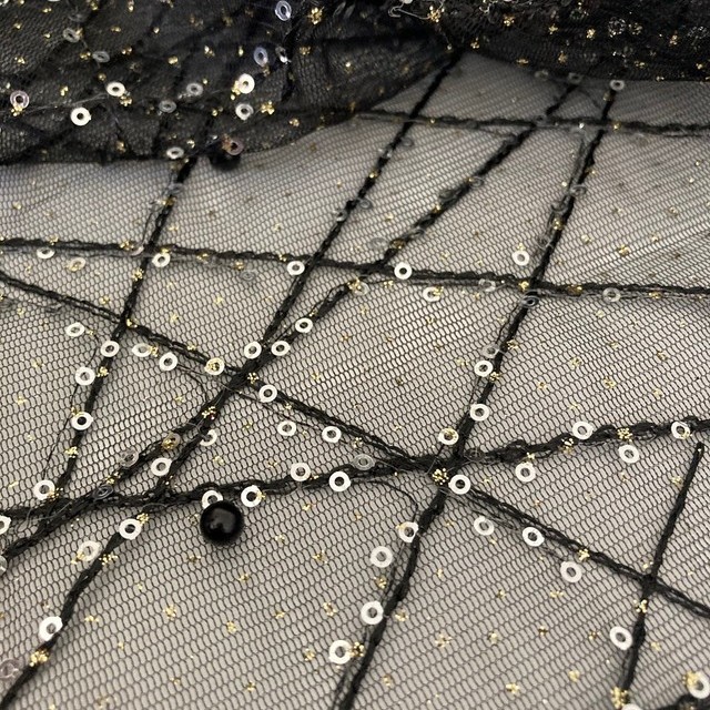 black tulle embroidered with spider web, mini medallions, beads & mini print dots - black silver gold