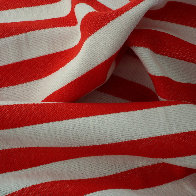 Stretch horizontal stripe dobby fabric in red - white