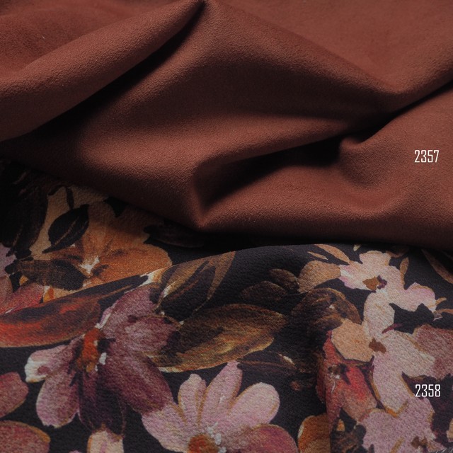 beautiful floral print in autumn tones on light polyester spandex crepe | View: beautiful floral print in autumn tones on light polyester spandex crepe