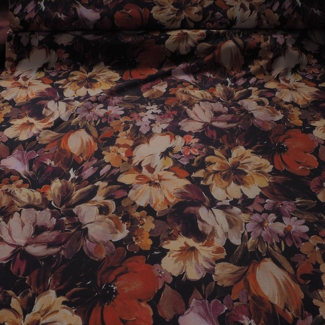 beautiful floral print in autumn tones on light polyester spandex crepe | View: beautiful floral print in autumn tones on light polyester spandex crepe