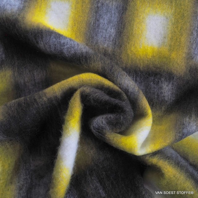 exceptional couture bouclé check fabric with virgin wool & alpaca content napped on one side | View: beautiful designer check with high mohair content in the colors white, black, yellow - roughened on one side